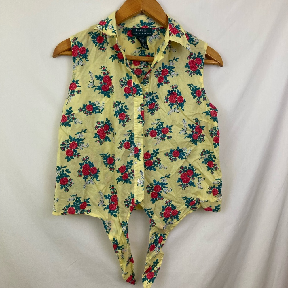 Ralph Lauren front tie sleeveless collared button down blouse